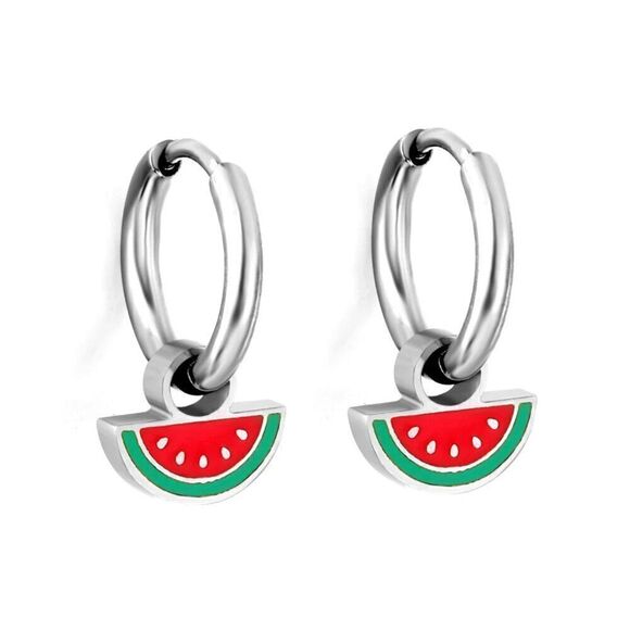 Watermelon Charm Huggie Hoop Earrings in Silver - Picture 5 of 5